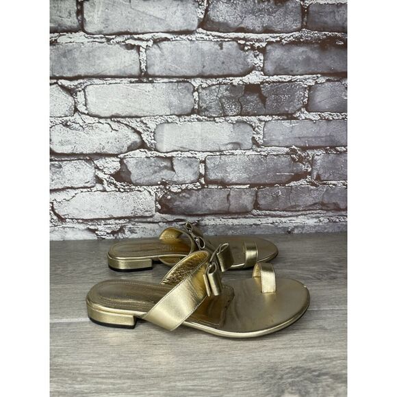 Salvatore Ferragamo Gold Leather Bow Slides Flat Sandals Women’s Sz 5.5M US/36EU - Picture 7 of 16